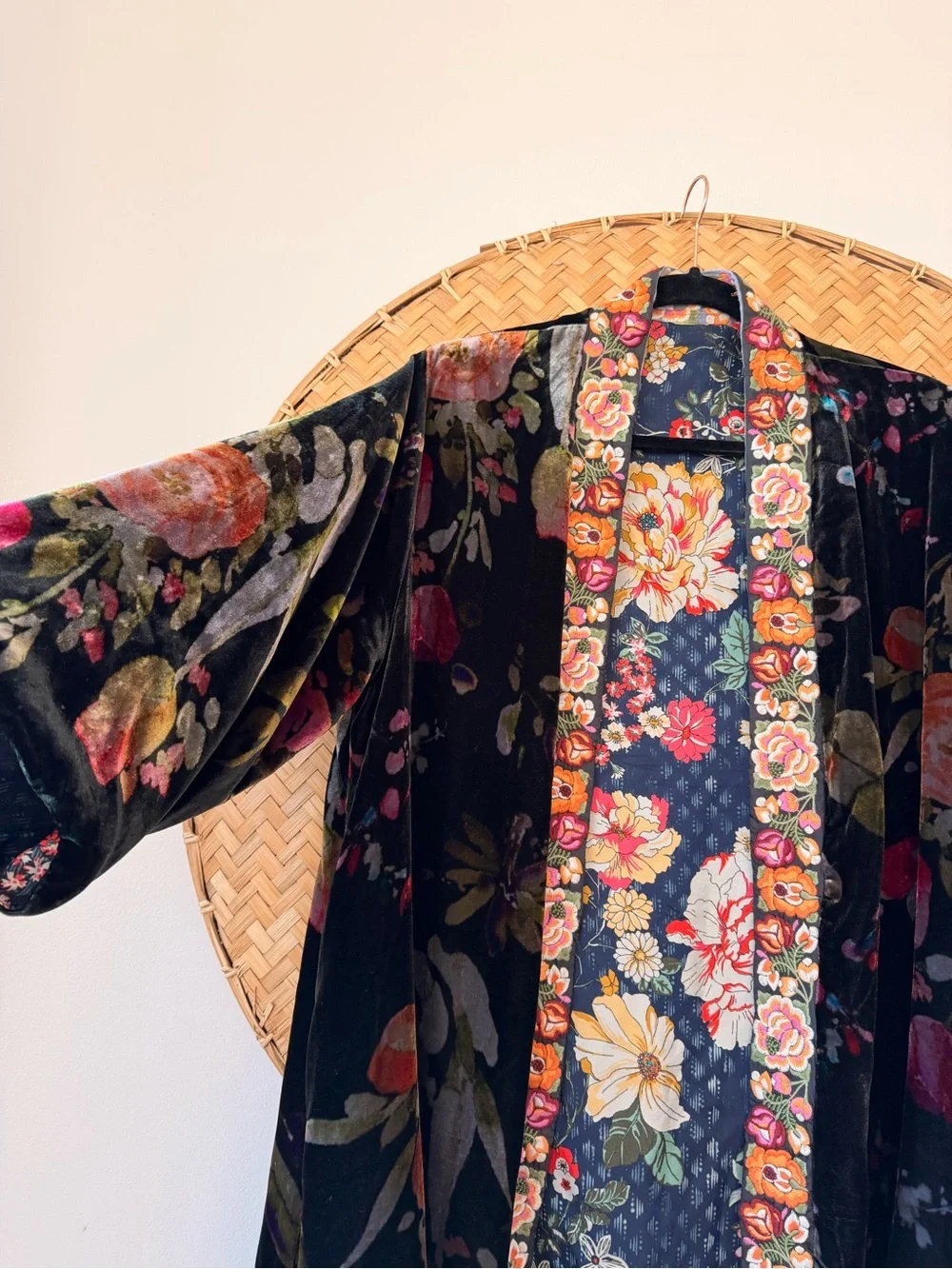 JOHNNY WAS PETITE KEHLANI REVERSIBLE FLORAL VELVET/SILK KIMONO EMBROIDERY BOHO